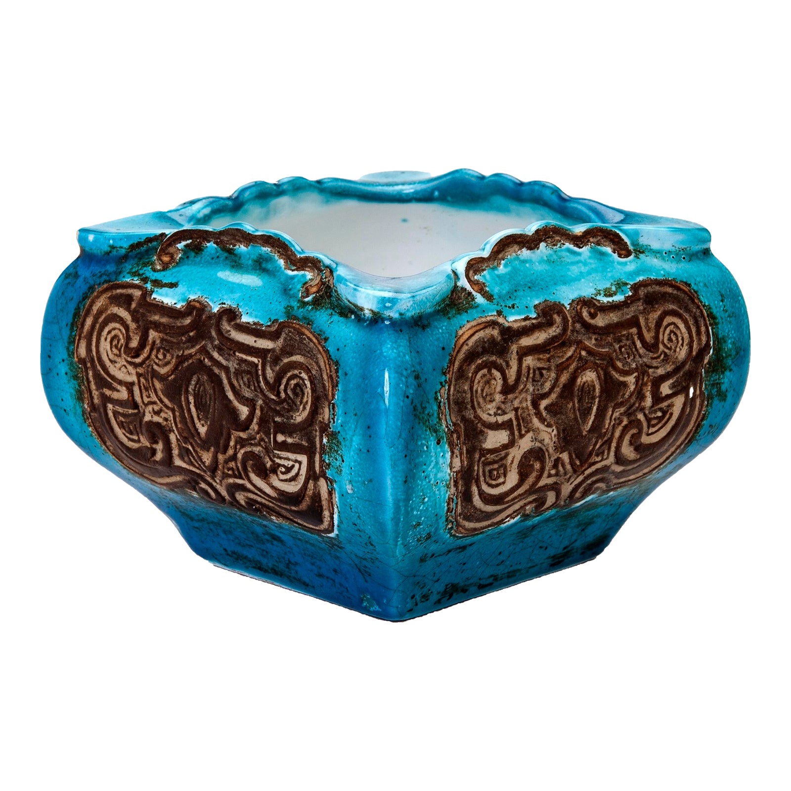 Vintage Bitossi Italian Turquoise & Brown Ceramic Orchid Pot | Chairish