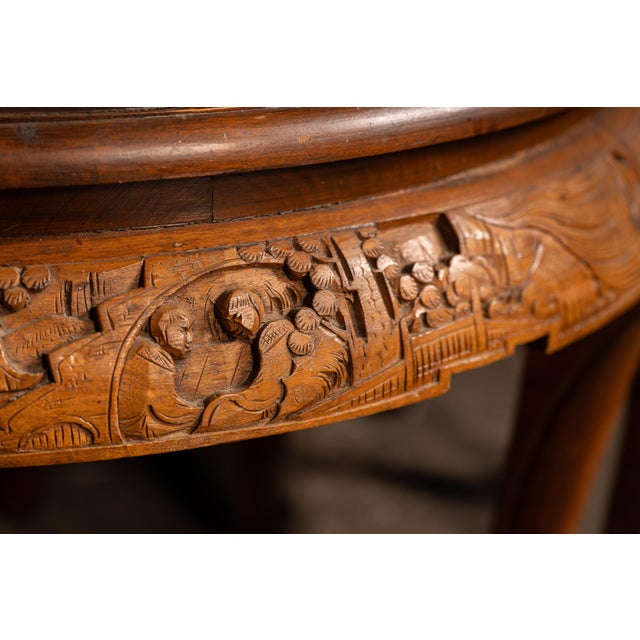 Brown Antique Carved Chinese Nesting Tea Table With Four Stools For Sale - Image 8 of 9