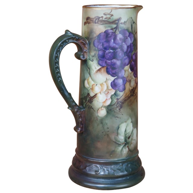 French Early 20th Century Antique Delinieres & Co. French Limoges Hand Painted Wine Pitcher Tankard Grapes For Sale - Image 3 of 13