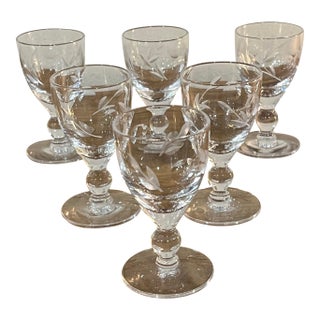 Vintage Etched Leaf Motif Cordial Glasses 3” Tall - Set of 6 For Sale