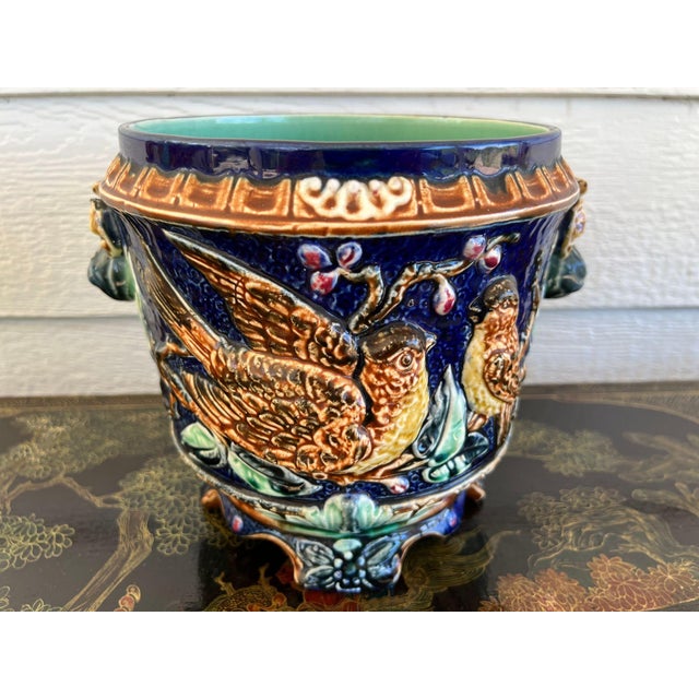 Antique Majolica Bird Planter Cache Pot Jardinière Cobalt Blue Wasmuël C1890 For Sale - Image 4 of 18