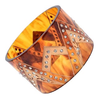 French Tortoise Resin and Rhinestone Wide Cuff Bracelet 1980's For Sale