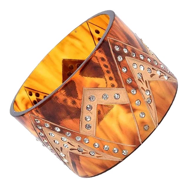 French Tortoise Resin and Rhinestone Wide Cuff Bracelet 1980's For Sale