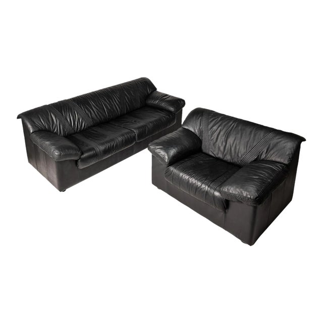 Post Modern Four Seat Sofa & Matching Lounge Chair Set in Original Leather by Natuzzi Attributed to Pierluigi Cerri, Italy, C. 1990's For Sale