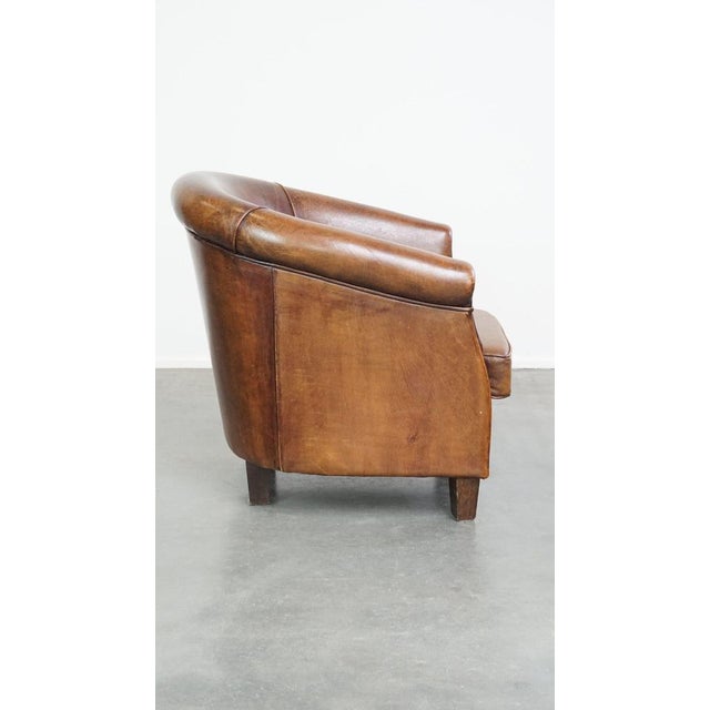 Cognac Sheep Leather Club Chair with Fixed Seat Cushion For Sale - Image 3 of 11