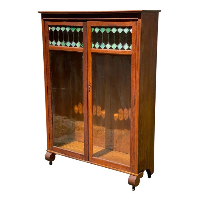 Victorian Antique Oak Larkin Bookcase / China Cabinet With Green Slag Glass Doors For Sale - Image 3 of 12