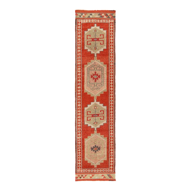 1950s Vintage Tribal Runner in Red, Beige and Pink Medallion Patterns For Sale