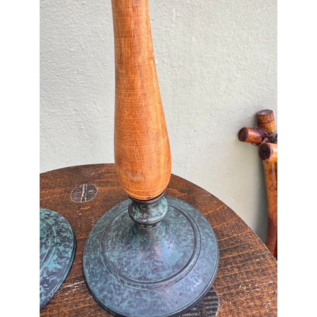 Mid 20th Century Vintage Scandinavian Wood & Verdigris Patina Candlesticks, a Pair — Rustic Modern For Sale - Image 5 of 9