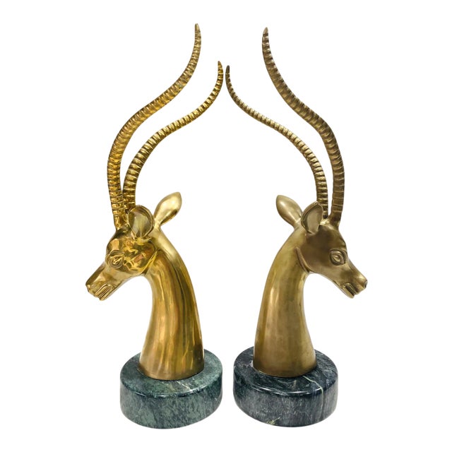 Pair of Hollywood Regency Brass Antelope Sculptures With Marble Bases, 1970's For Sale