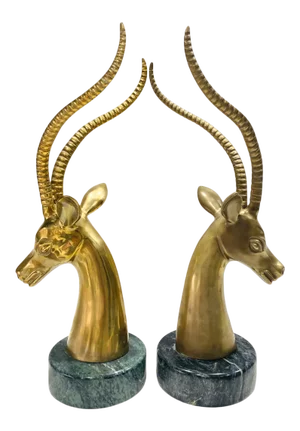 Pair of Hollywood Regency Brass Antelope Sculptures With Marble Bases, 1970's