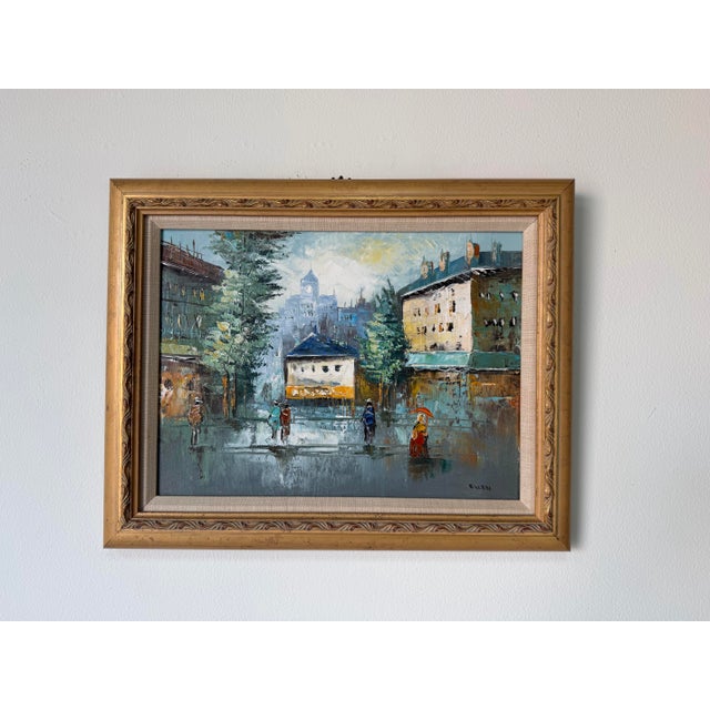 Abstract 1990’s Vintage Parisian Street Scene Oil on Canvas Painting by Ellen – Wood Framed For Sale - Image 3 of 10