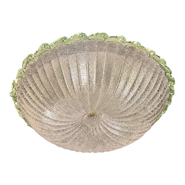 Traditional Italian White Graniglia" Budino"Murano Glass Flush Mount in 70' Style With Green Trimming For Sale