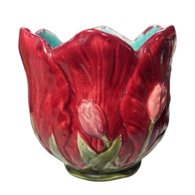 19th Century French Majolica Red Tulip Cache Pot For Sale - Image 4 of 6
