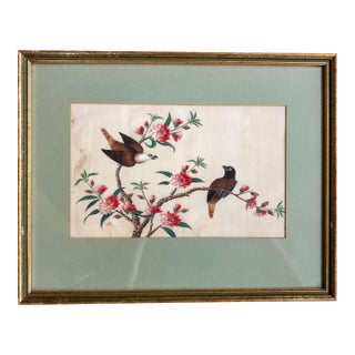 19th or 20th Century Chinese Watercolor Pith Paper Painting of Birds Arguing For Sale