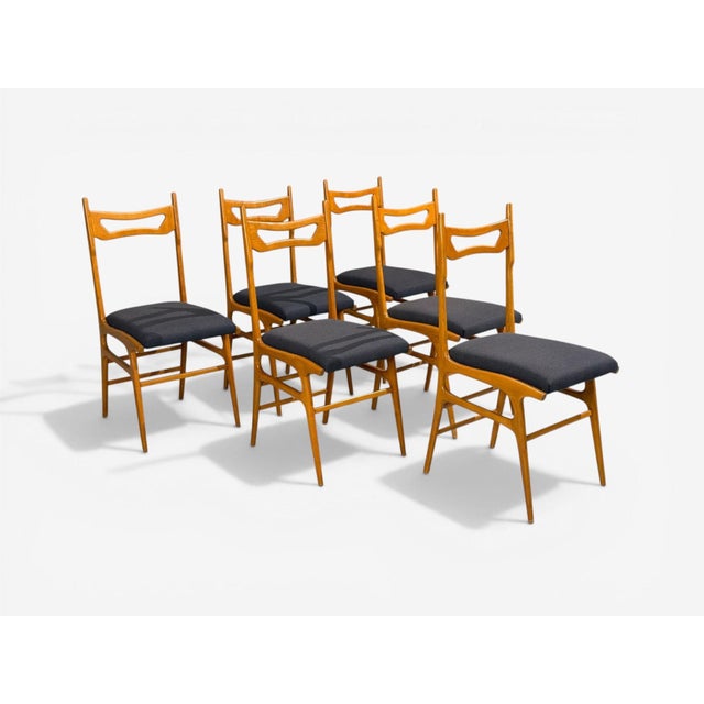 Wood Vittorio Vago Mobili, Six Dining Chairs, Fruitwood, Fabric, Italy, 1960s For Sale - Image 7 of 15