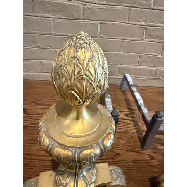 Pair of Gilded Artichoke Andirons For Sale - Image 4 of 5