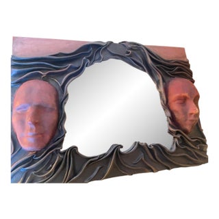 Vintage French Surrealist Sculptural Leather Mirror With Twin Faces, 1970s–1980s For Sale