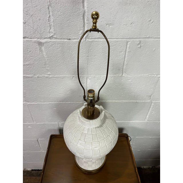 Beautiful white glazed ceramic basketweave lamp by Paul Hanson. Large in size and wonderfully detailed with deep weave...