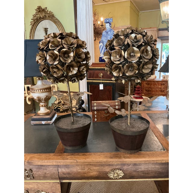 Gold Pair of Italian 26” Vintage Tole Rose Topiaries For Sale - Image 8 of 8