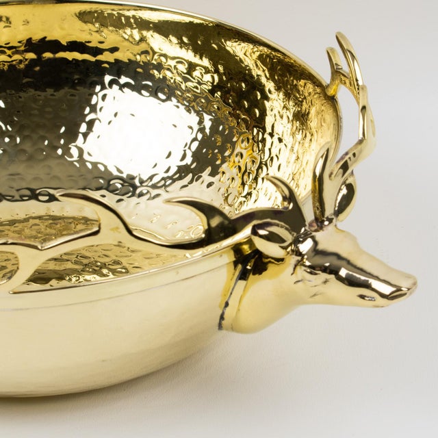 Large Gilded Brass Centerpiece Bowl With Stag Heads Handles For Sale - Image 4 of 8