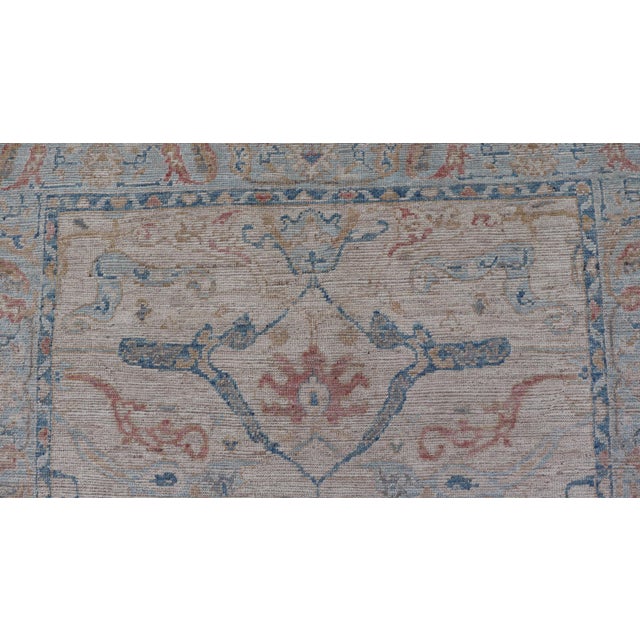 Ivory All-Over Hand Knotted Oushak Rug With Arabesque Design in Ivory and Blue Tones 4'11 X 6'10 For Sale - Image 8 of 12