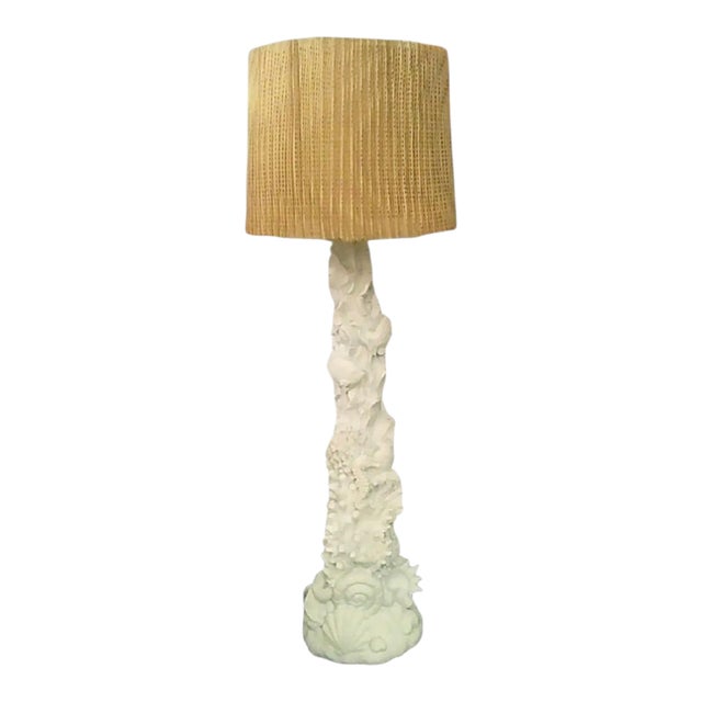 1990s Coastal White Carved Coral Seaside Clamshell Tall Floor Lamp With Shade For Sale
