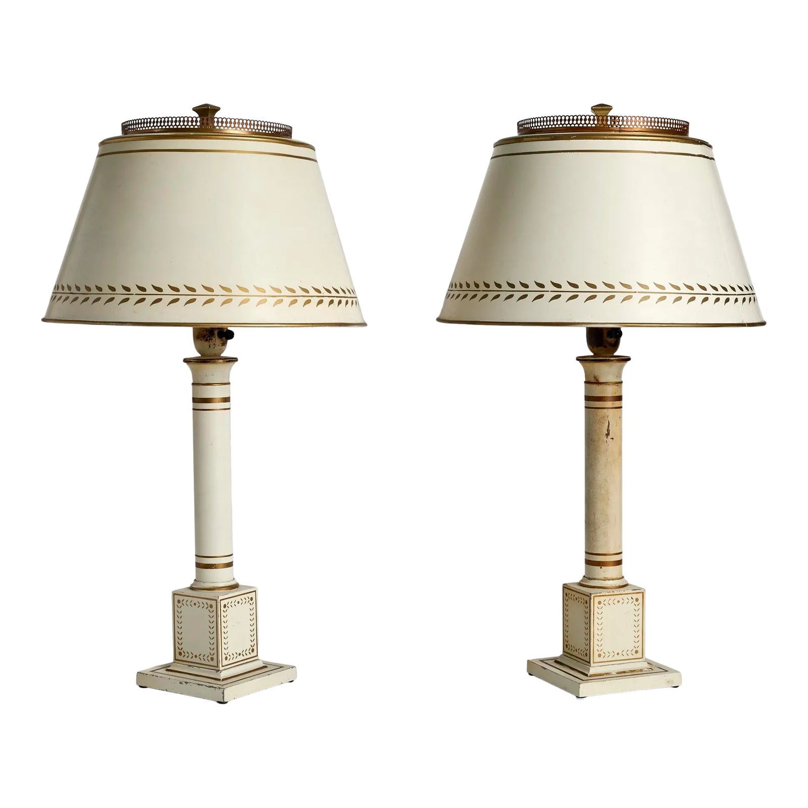 Antique 20th Century French Directoire Tole Wired Lamps White