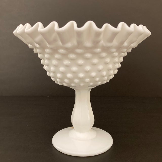Vintage Fenton Milk Glass Pedestal Ruffled Hobnail Candy Compote Dish