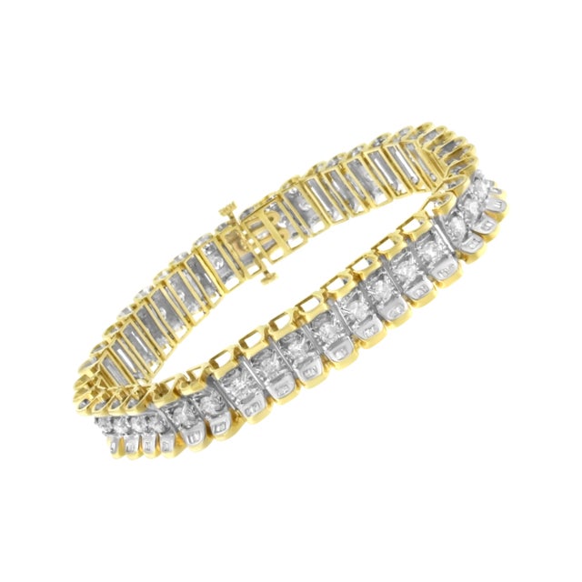 Contemporary 14K Yellow and White Gold 5.0 Cttw Round & Baguette Cut Diamond 7" Reflective Tennis Bracelet For Sale - Image 3 of 7