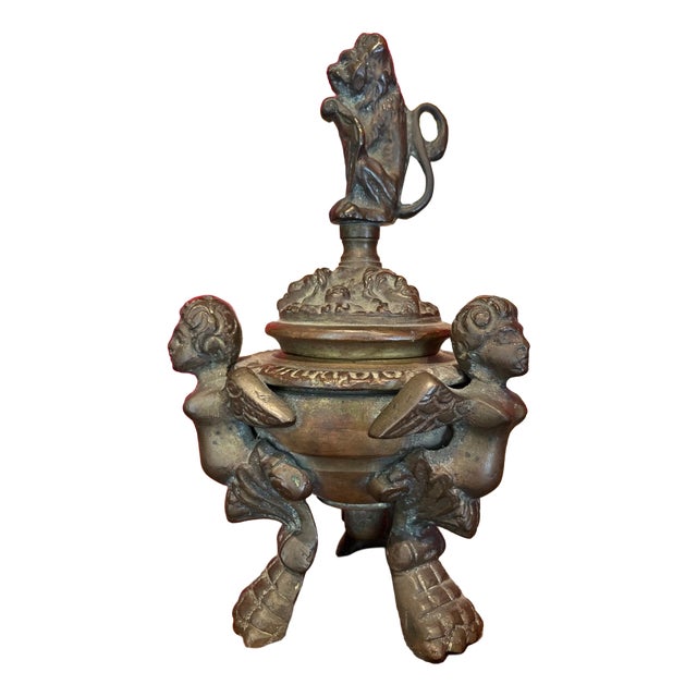 Inkwell Desk in Patinated Bronze with Lid, 1800s For Sale