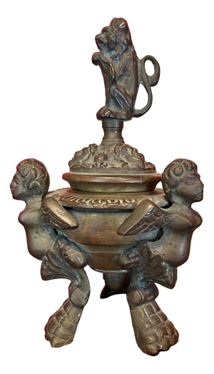 Inkwell Desk in Patinated Bronze with Lid, 1800s