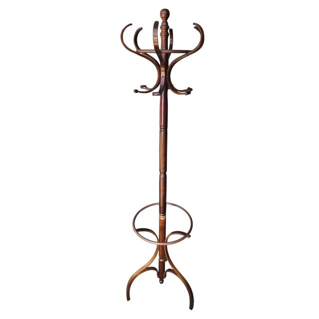 Brown Vintage Bentwood Coat & Hat Rack, Hall Tree Thonet Style With Umbrella Ring For Sale - Image 8 of 13