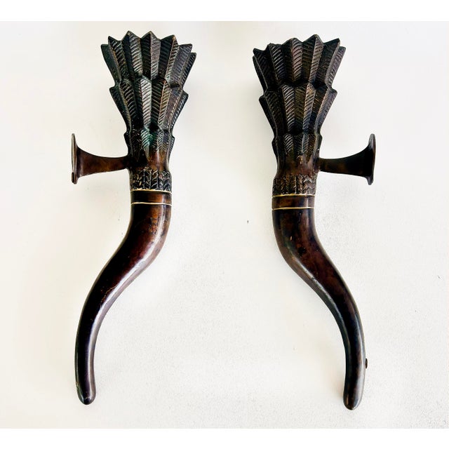 American Late 20th Century Large Bronze Horn Torch Candle Sconces With Flared Feather Tops For Sale - Image 3 of 10