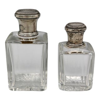 Pair of Antique Crystal Scent Bottles With Silver Mounts — Engraved Monogram, Hallmarked Silver For Sale