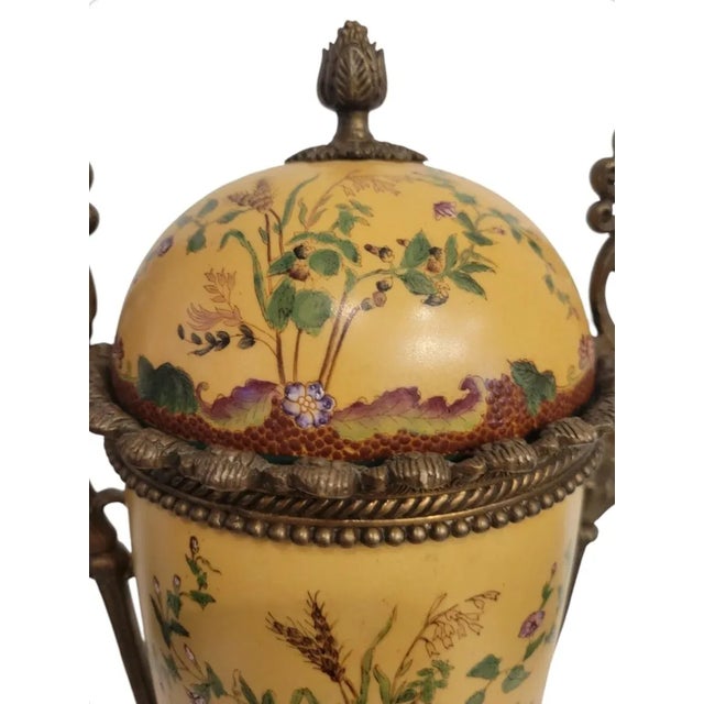 Vintage French Ceramic Metal Covered Floral Yellow Red Extra Tall Urn Decorative Jar For Sale In West Palm - Image 6 of 12