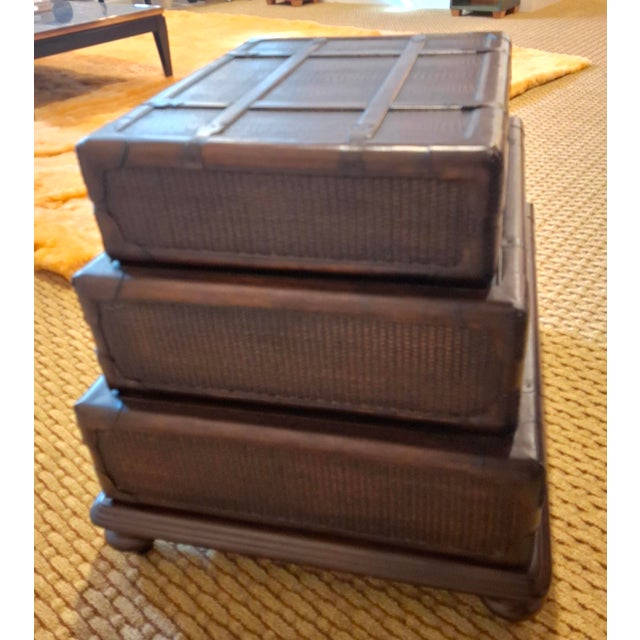 Late 20th Century Stacking Luggage-Form Leather & Woven Rattan Side Table Chest For Sale - Image 4 of 11