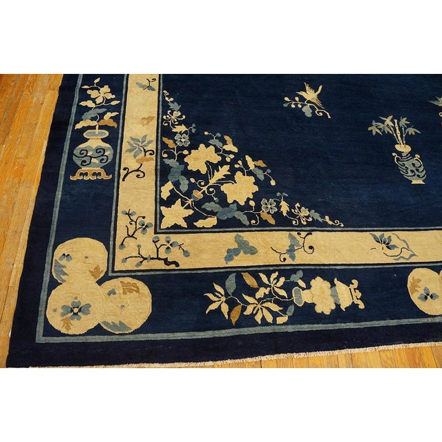 Stupendous Navy Background Color With Vases of Flowers in a Floral Design Antique Chinese Perking Rug For Sale - Image 4 of 7