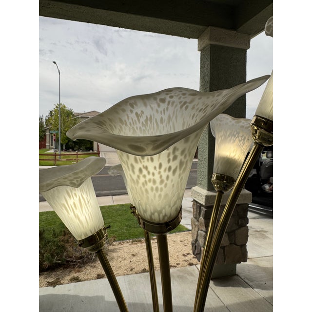 Vintage 5-Light Floor Lamp Polished Brass Body Stylized Calla Lily Flower Shades For Sale In Reno/Lake Tahoe - Image 6 of 12