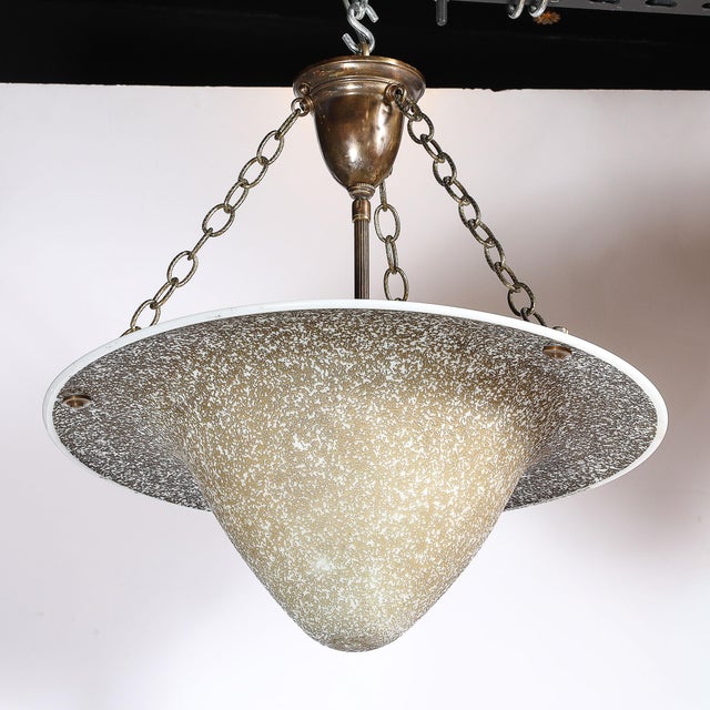 Art Deco Basin Form Acid Etched Green Gold & White Glass Pendant Signed Daum For Sale - Image 10 of 16
