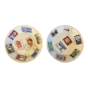 Mid-Century Modern Richard Ginori Italian Porcelain Dishes Decorated With World Postage Stamps - a Pair