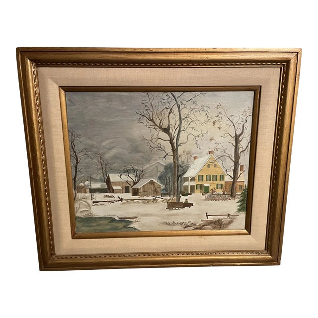 Vintage Folk Art Landscape Painting in Antique Frame - Snowy Farm For Sale