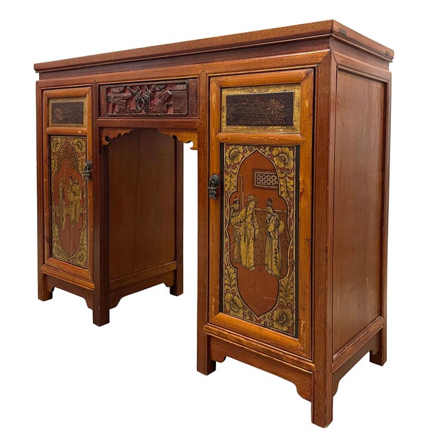 This piece is a Chinese carved hardwood "Doctor's Desk", a style of desk characterized by its dual-pedestal design and...