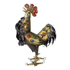 Handmade Bronze, Copper & Semi Precious Stones Sculpture in a Form of a Rooster