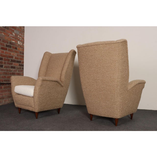Pair of Italian Modernist High Back Lounge Chairs in Two-Tone Bouclé and Walnut For Sale In New York - Image 6 of 18