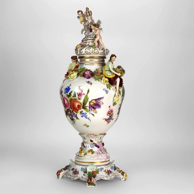 Large German Dresden Figural, Scenic & Floral Lidded Porcelain Palace Urn C1880 For Sale - Image 10 of 18