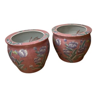Vintage Pair of Chinoiserie Large Porcelain Koi Fish Bowl Planters Floral Motif For Sale