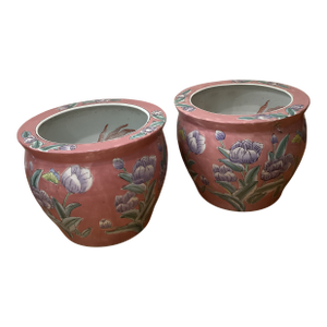 Vintage Pair of Chinoiserie Large Porcelain Koi Fish Bowl Planters Floral Motif