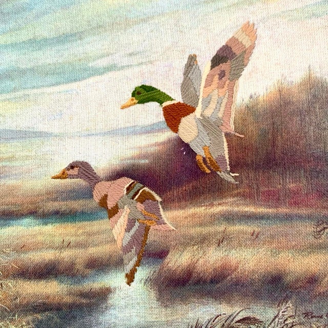 Late 20th Century Mallard Duck Embroidery Art Flying Bird Signed Vintage Rustic Cabin Decor For Sale - Image 5 of 7