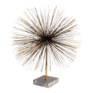 1980 Curtis Jeré Style Sunburst Dandelion Brass Sculpture Mounted on Marble Base For Sale