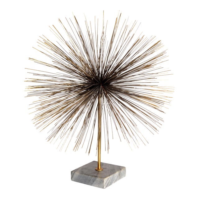 1980 Curtis Jeré Style Sunburst Dandelion Brass Sculpture Mounted on Marble Base For Sale